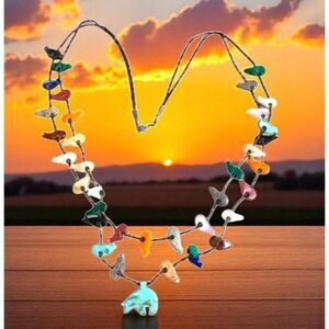 Vintage Zuni Double Strand Bird Fetish Turquoise Bear Necklace Multi-Stone 28"